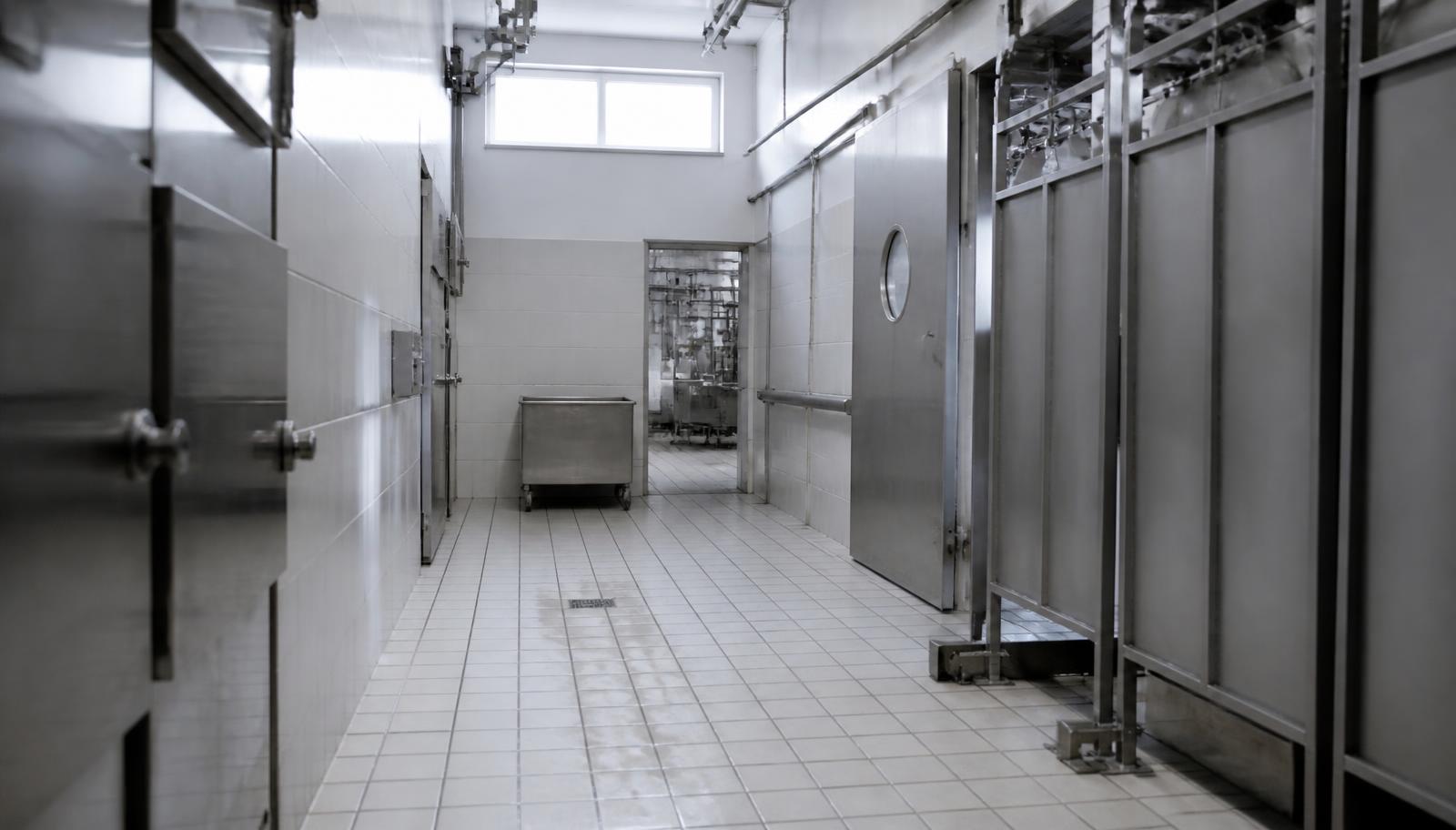 Corridor in a meat processing facility with stainless steel doors
